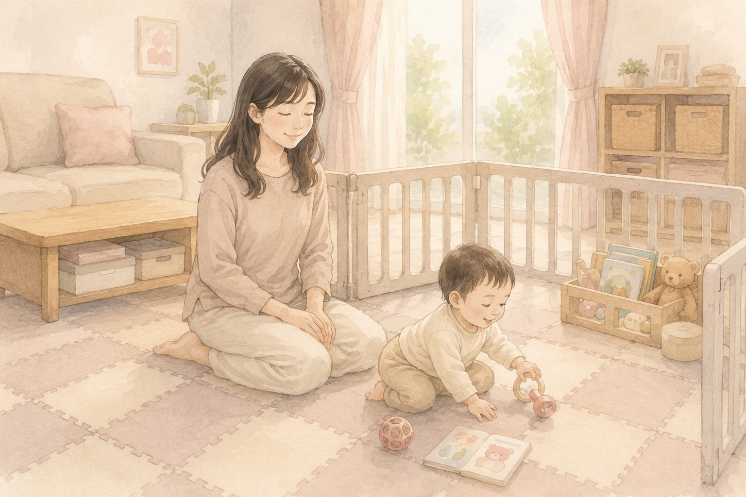 安全対策されたリビングで過ごす全盲ママの水彩イラスト