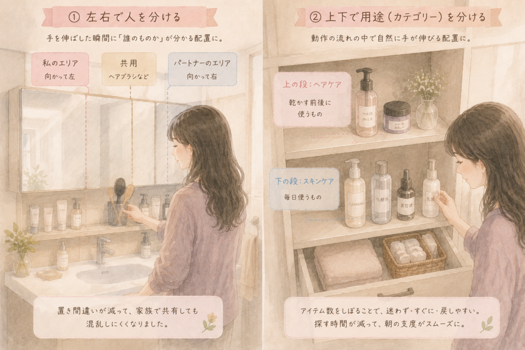 左右で家族のエリアを分け、上下で用途別に整理した洗面所収納の挿絵