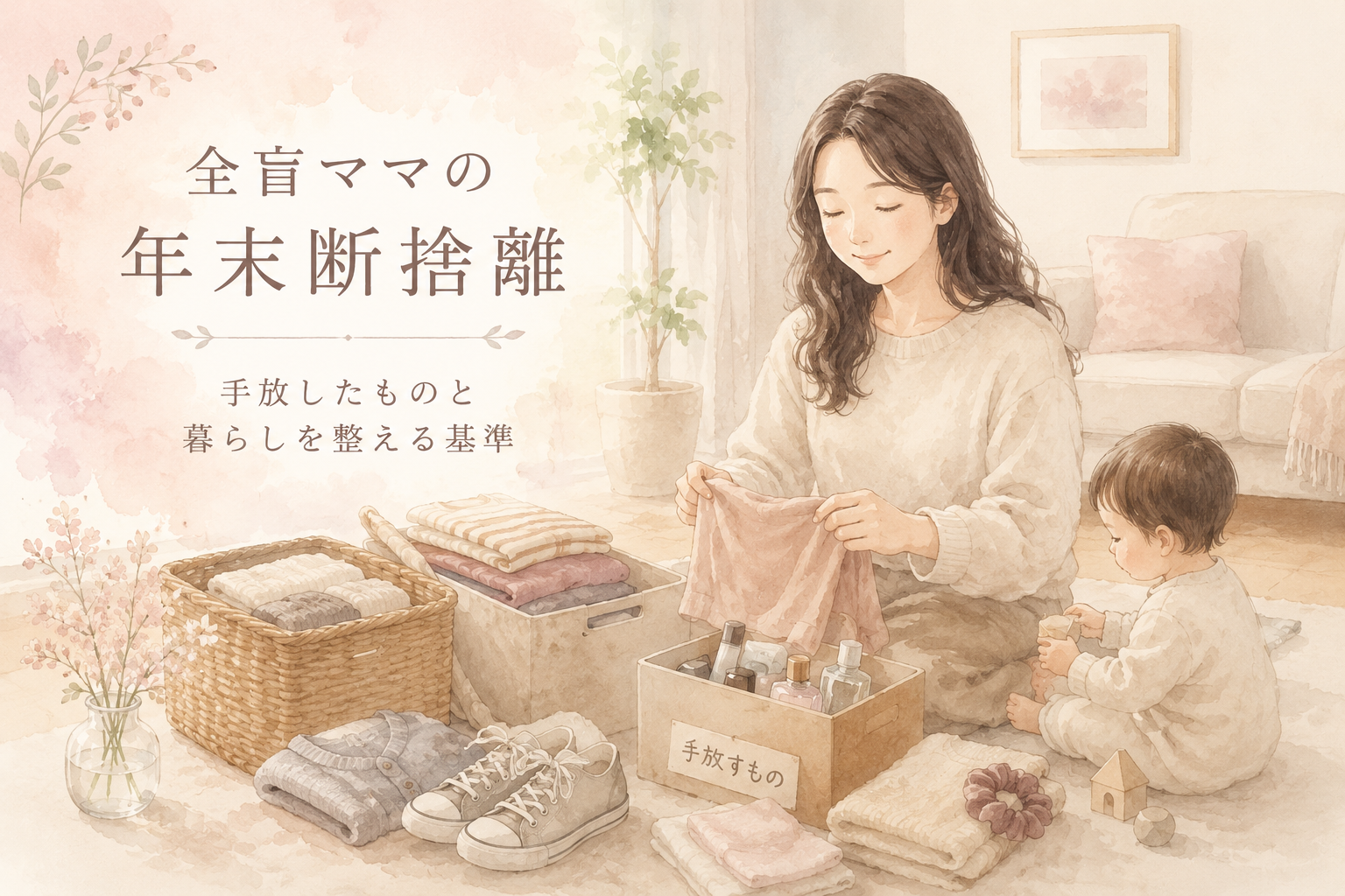年末の大掃除で、床に座りながら断捨離をする全盲ママと息子の水彩イラスト