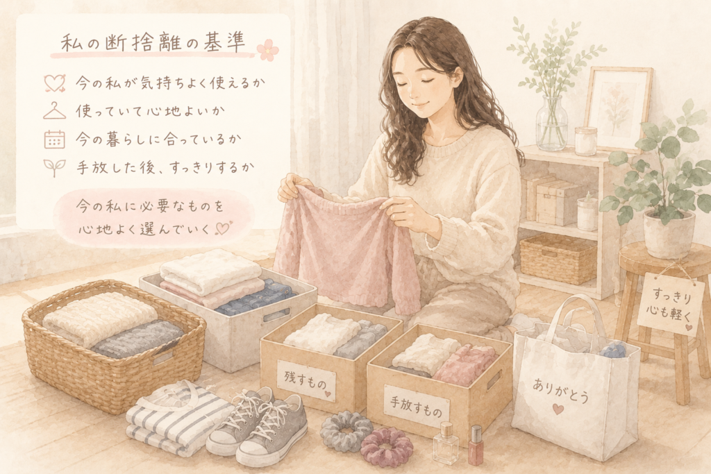 服を見直しながら今の暮らしに必要なものを選んでいる女性