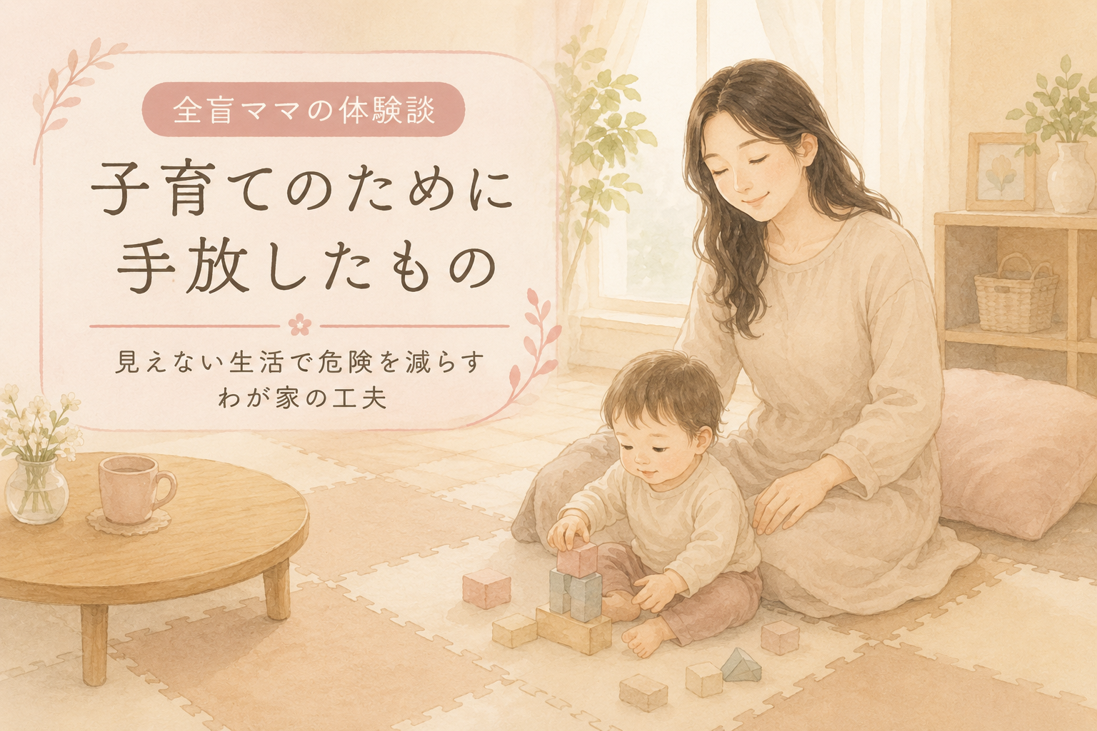 安全を考えて整えたリビングで、息子を見守る全盲ママの水彩イラスト