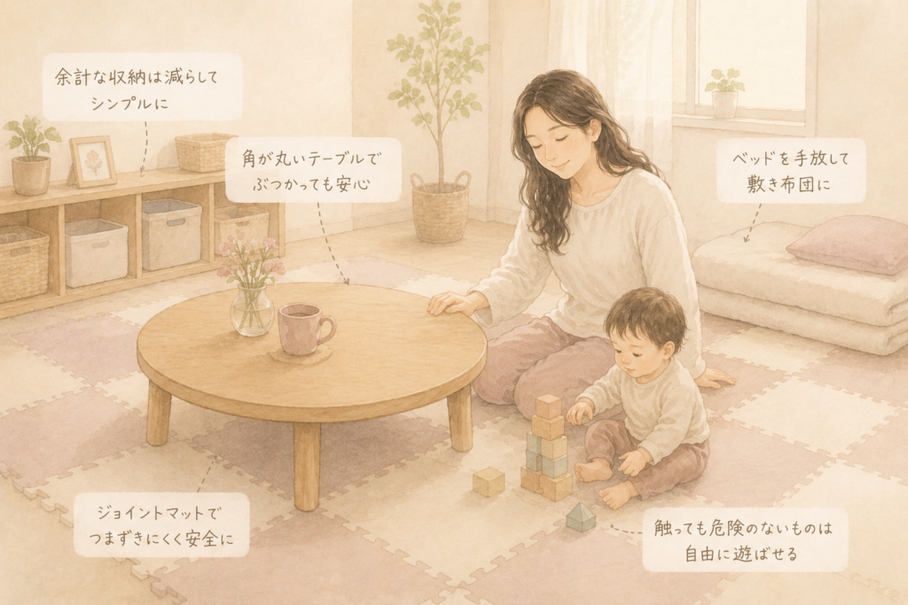 丸いローテーブルとジョイントマットのある安全なリビングで、子どもと過ごす母親