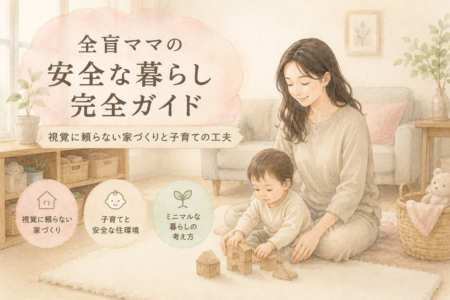 親子が安心して過ごせる、物の少ないやさしい雰囲気のリビング