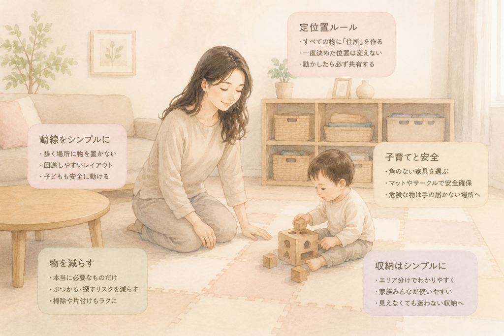 すっきり片付いたリビングで子どもの動線を確認する母親