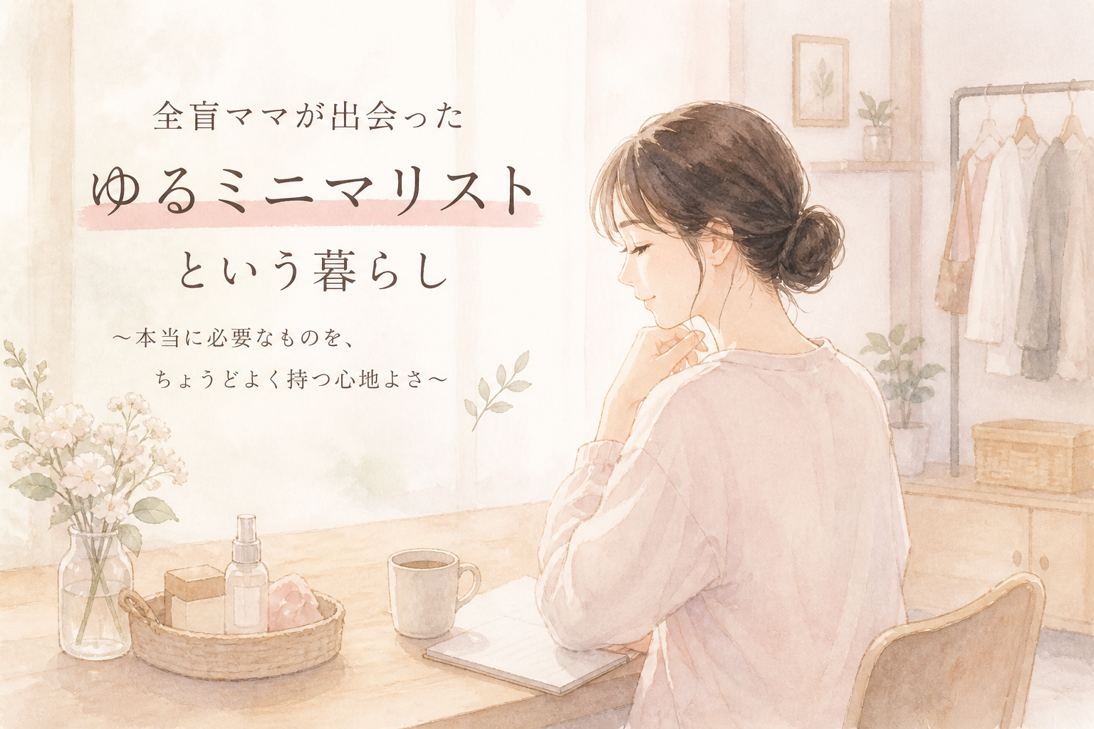 静かな部屋で自分の暮らしと向き合いながら、穏やかに考えごとをしている女性のイラスト