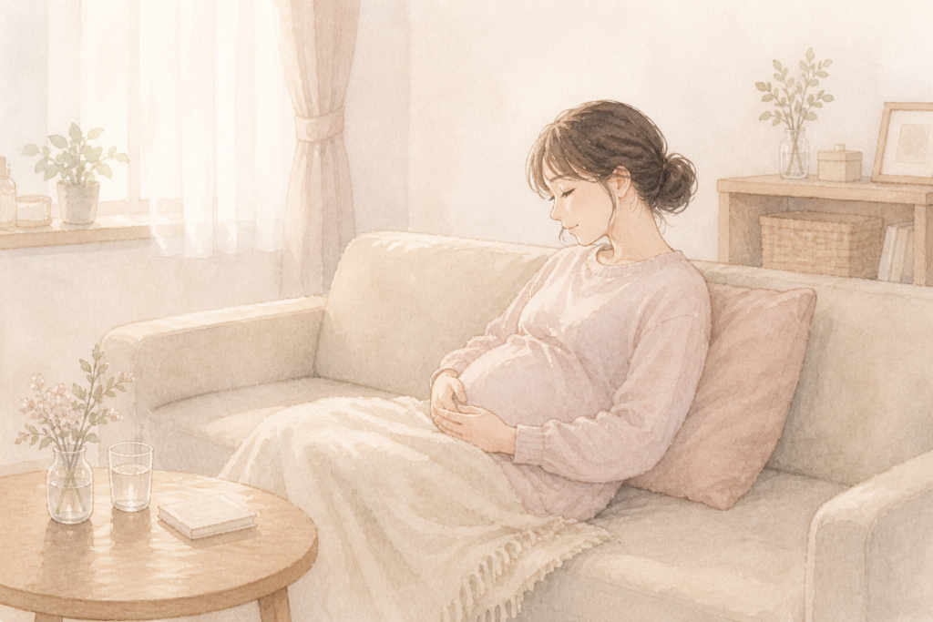 体調が優れない中、やわらかな光の入る部屋で静かに休んでいる妊娠中の女性