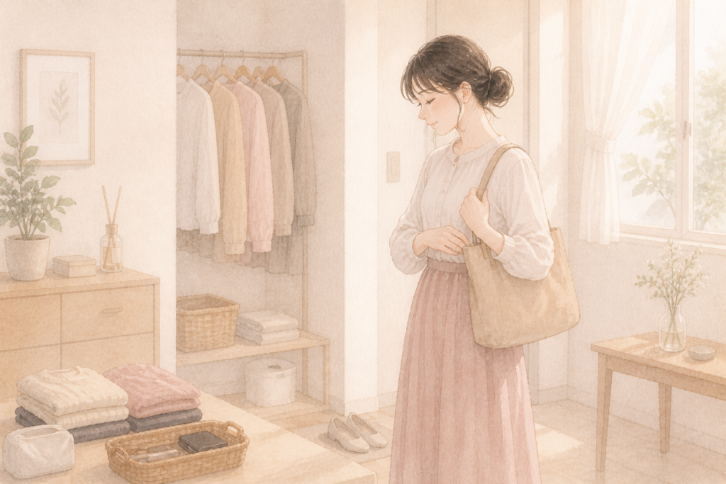 すっきり整った部屋で、外出前に落ち着いて身支度をしている女性
