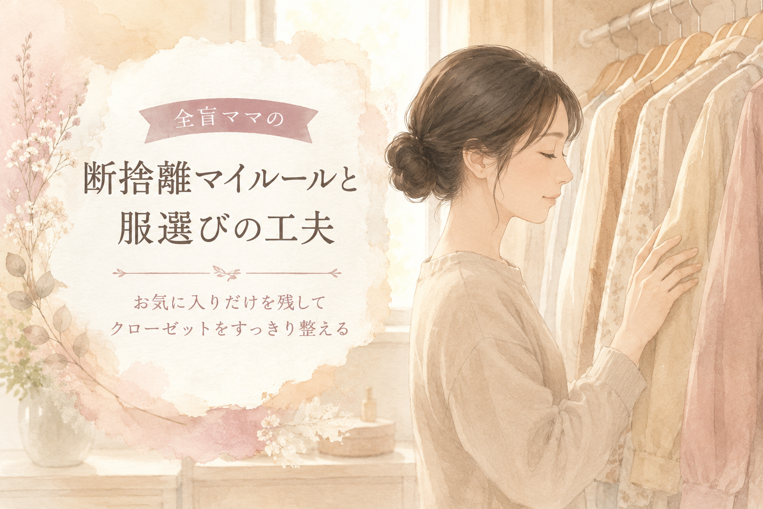 お気に入りだけのクローゼットの前で、服の生地を触って確認する全盲ママの水彩風イラスト 暮らしの工夫