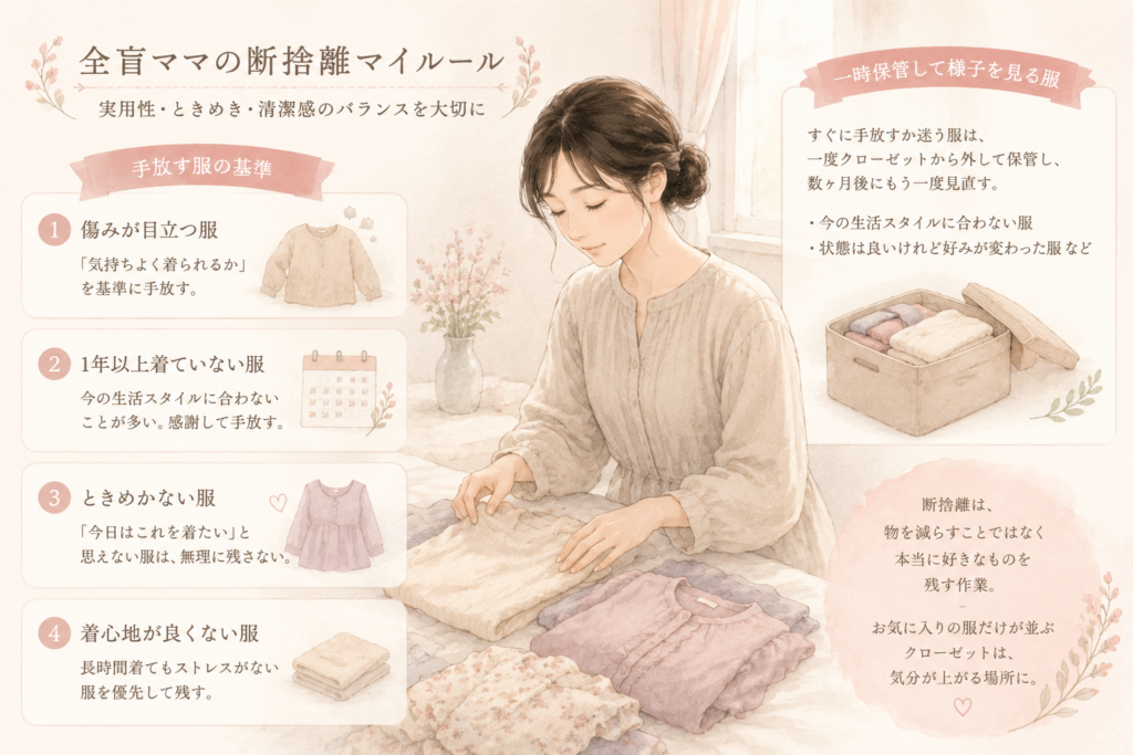 ベッドの上で服を並べ、手触りを確かめながら断捨離の基準を見直している女性の挿絵