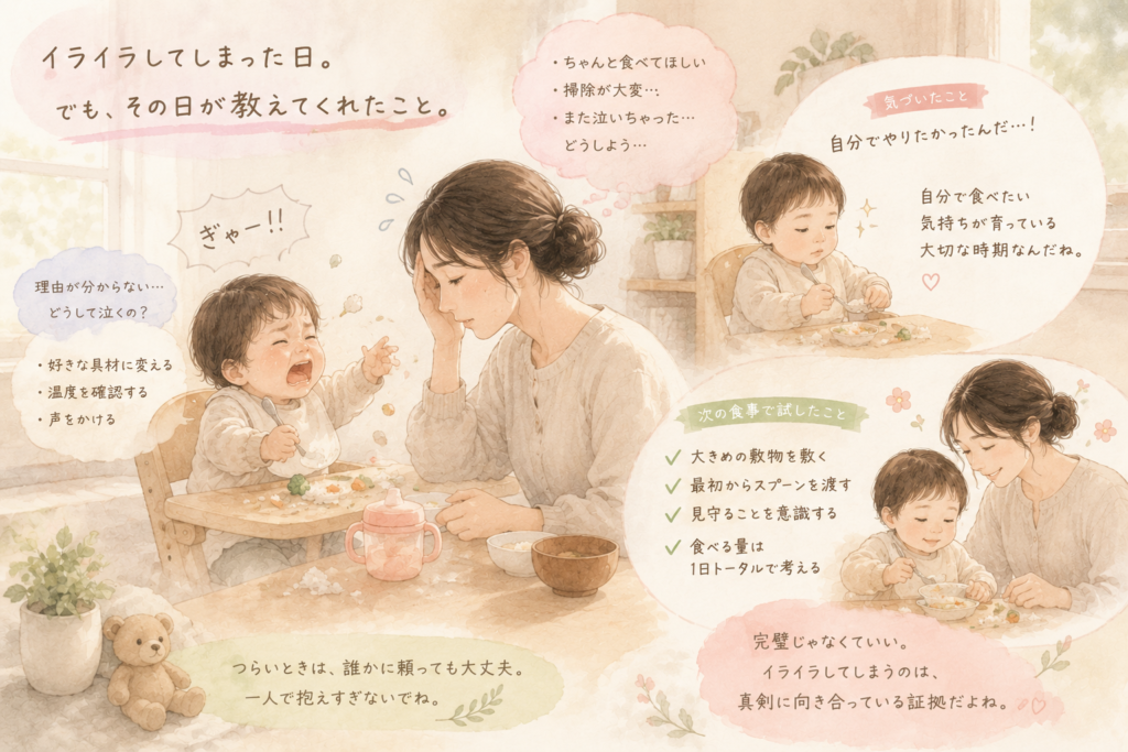 食事中にぐずる1歳の子どもと向き合いながら、気持ちを整えようとしている全盲ママの挿絵