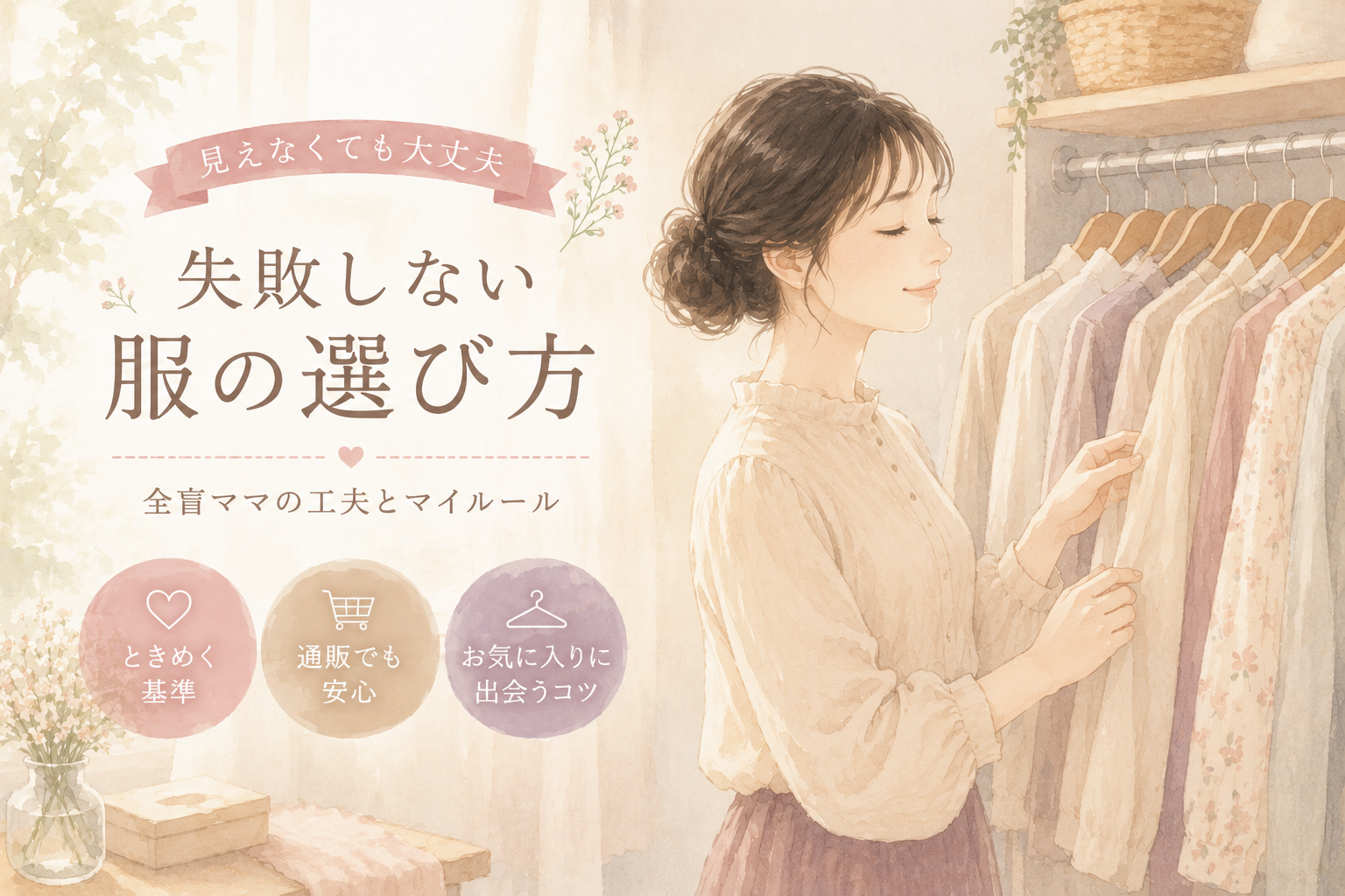 クローゼットの前で、服の質感を手で確かめながら今日のコーデを選ぶ全盲ママの水彩イラスト