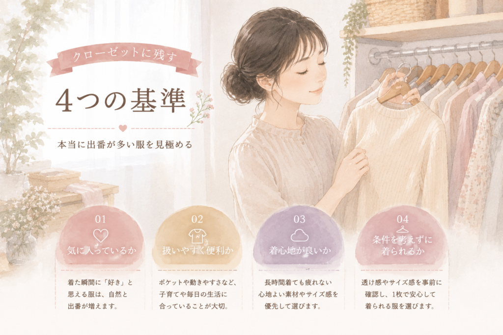 お気に入りの服を手に取り、クローゼットに残す基準を考える女性