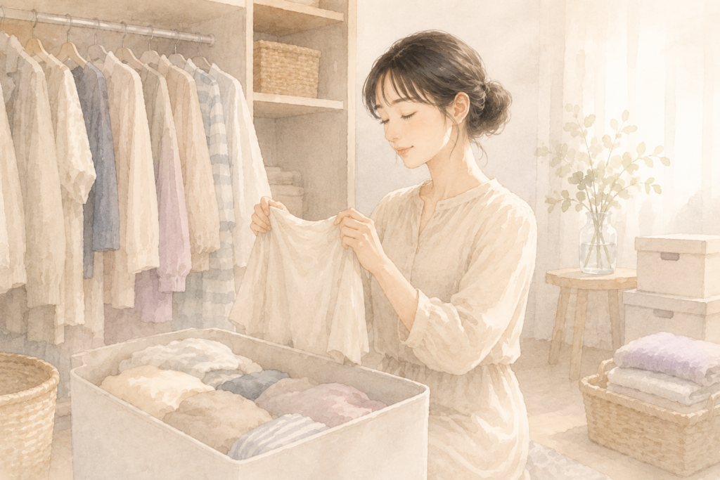 クローゼットの前で服を一枚ずつ確かめながら整理する女性