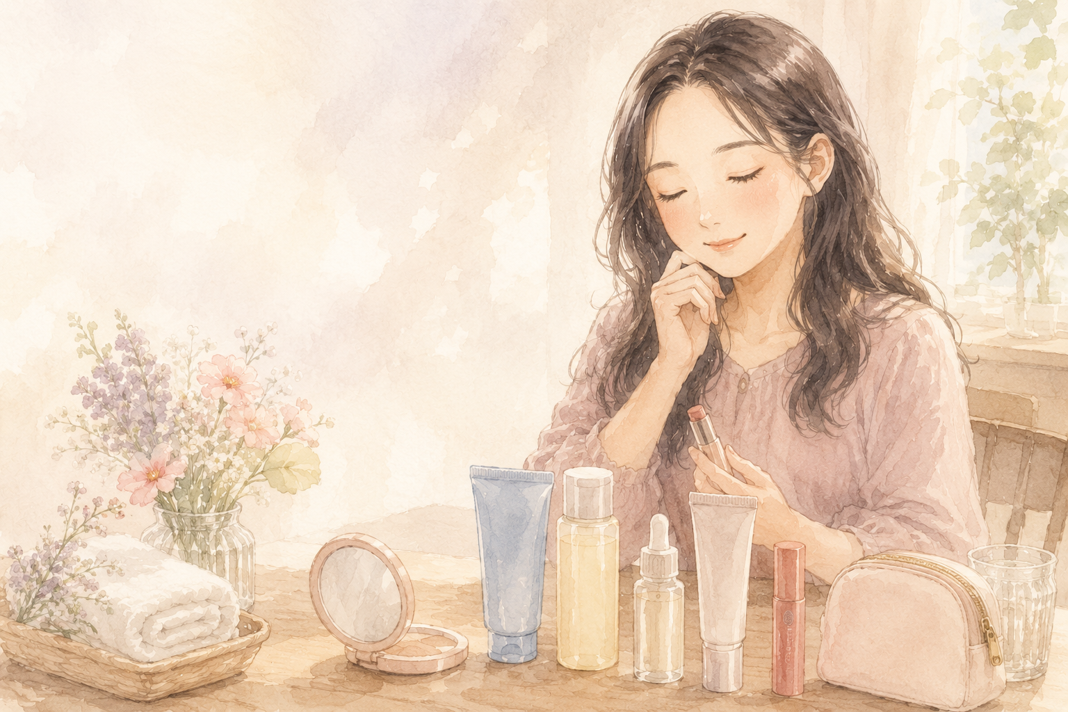 お気に入りのコスメを手に取り、やさしい表情でメイクを楽しむ女性
