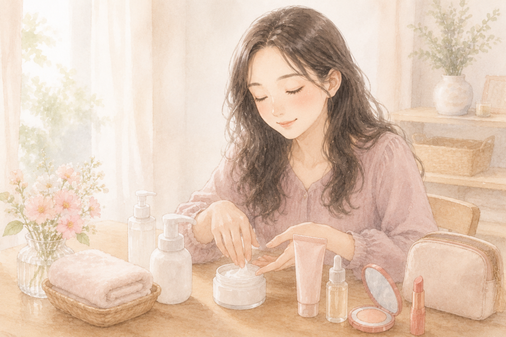 見えなくても使いやすいコスメを、指先の感覚で選ぶ安心感を表現した挿絵です。スキンケアやメイク前の準備シーンに向いています。