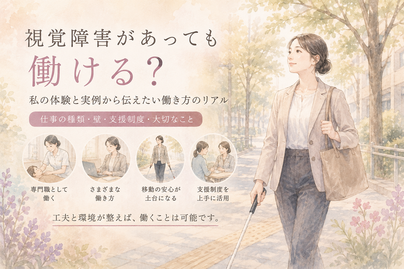 新しい一歩へ向かって前向きに歩き出す女性をやさしく描いたイラスト