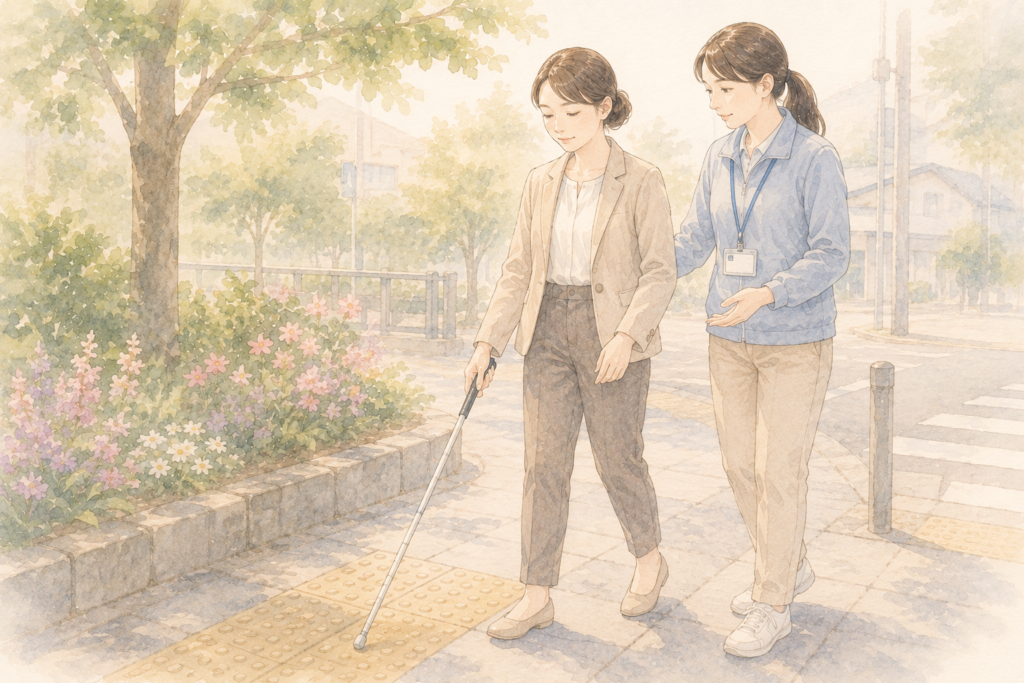 歩行訓練で白杖を使った安全な歩き方を学ぶ女性