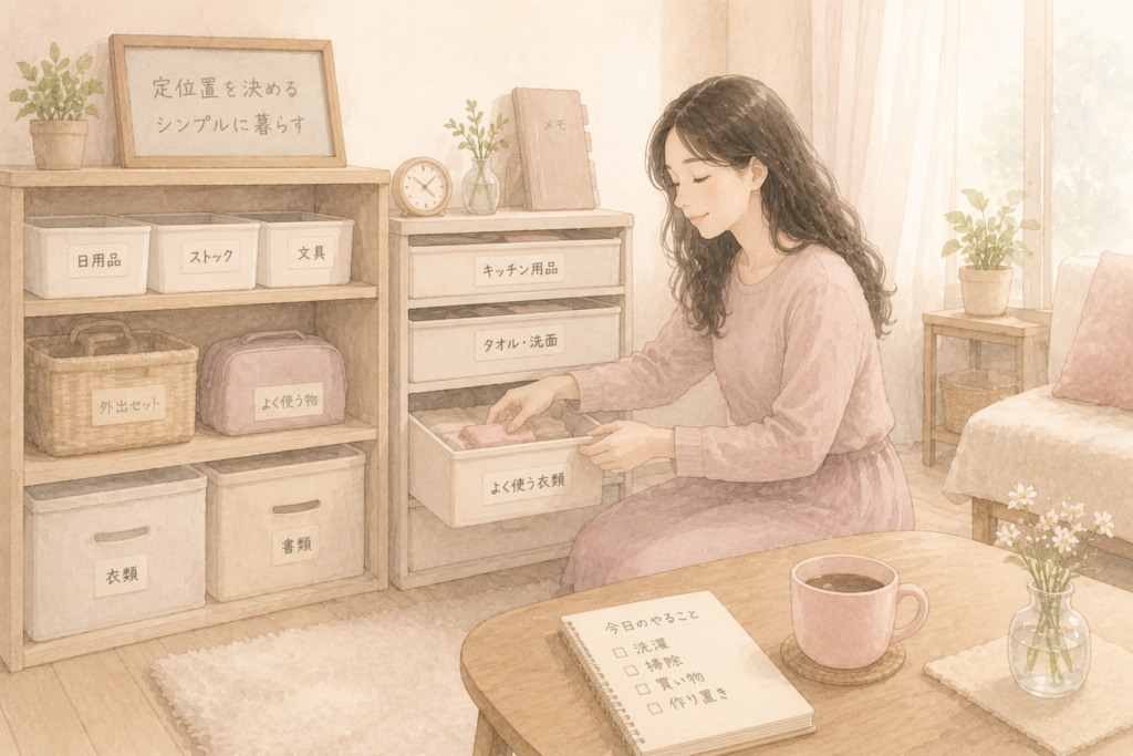 定位置を決めて整理された部屋で生活する女性