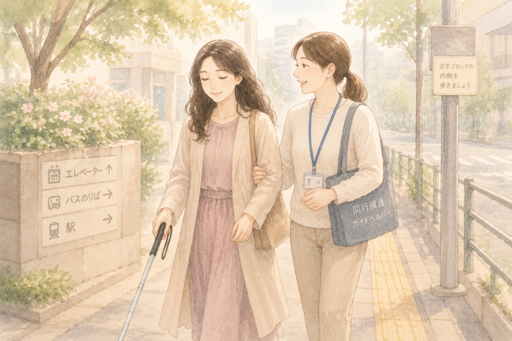 安心して外出する女性と支援者の穏やかな様子