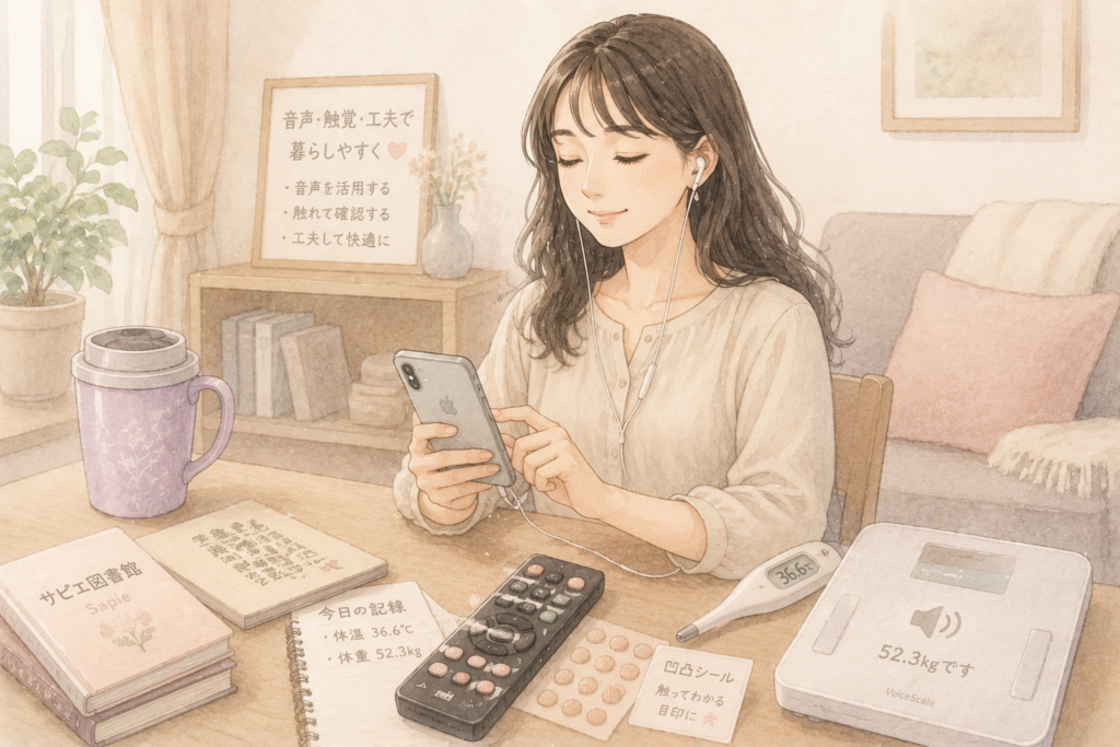 音声や触覚を活用した日常生活の工夫をイメージできる場面