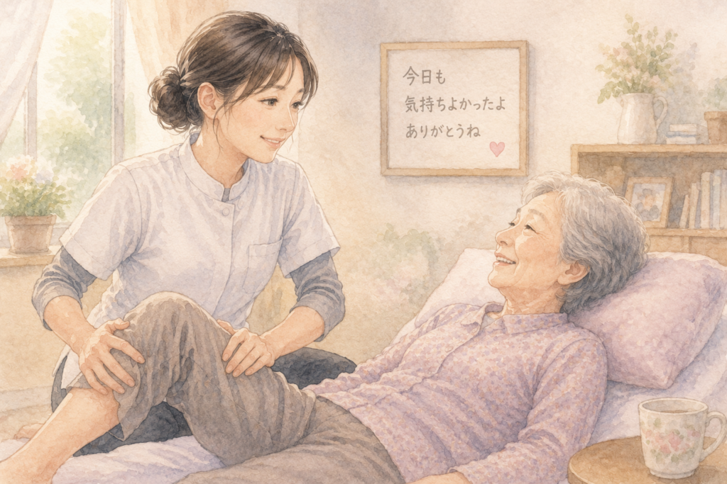 利用者と穏やかに会話しながら施術する女性施術者