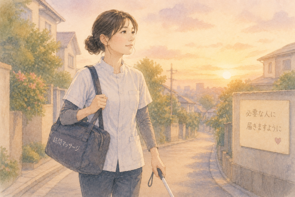 訪問を終えて前向きな気持ちで帰路につく女性施術者