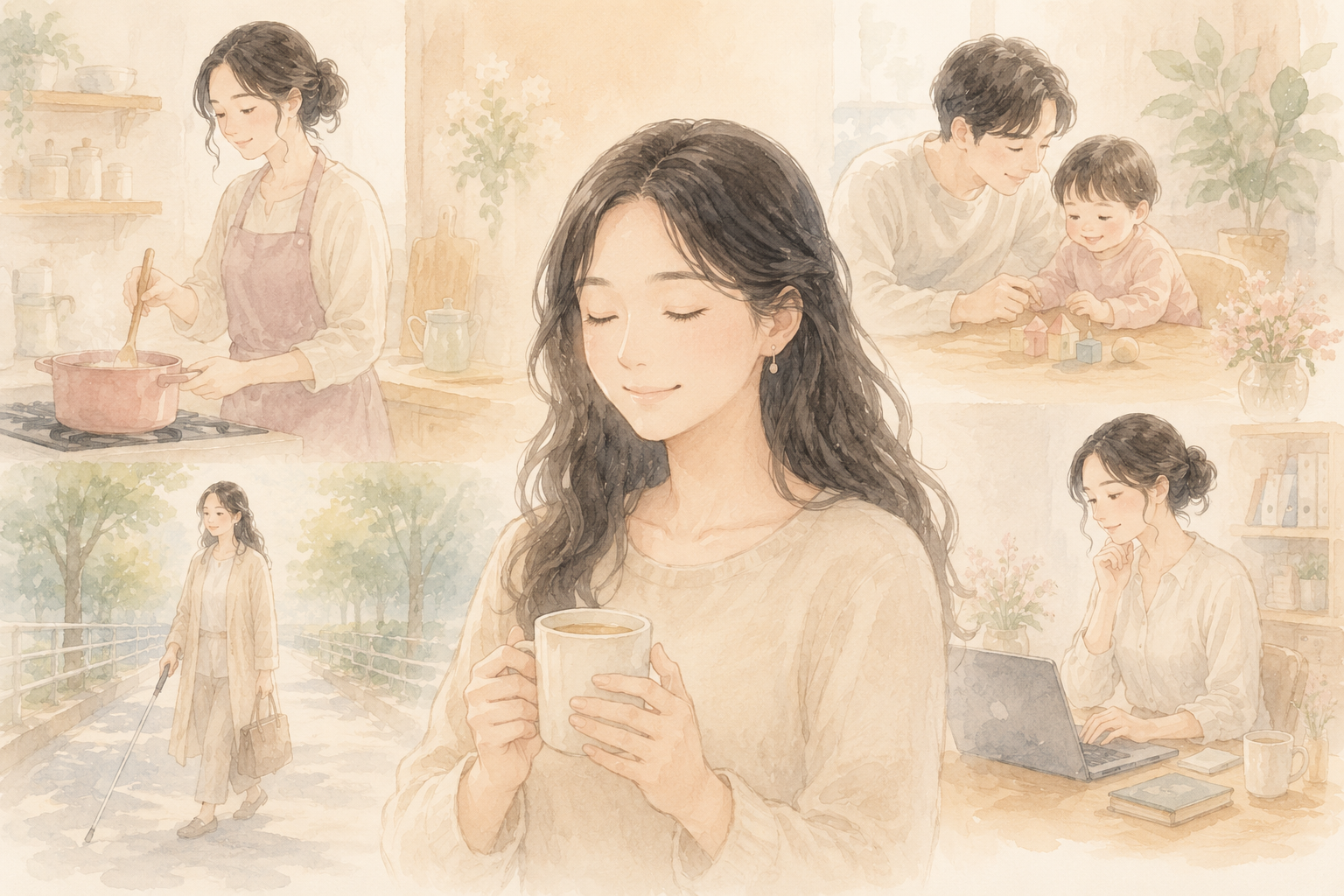 穏やかな表情で家族との暮らしを過ごす全盲の女性