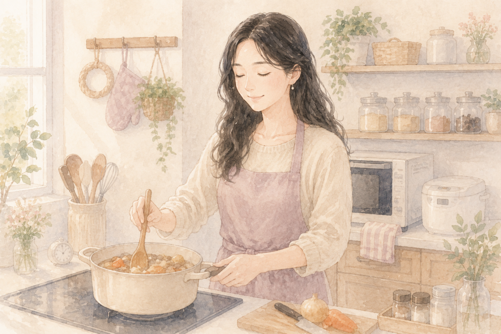 キッチンで煮込み料理を作る全盲の女性