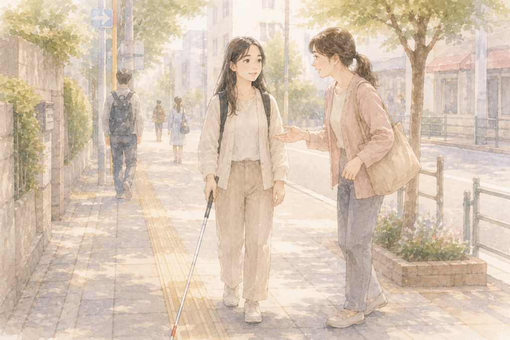 白杖を使って街を歩き優しい声かけを受ける女性