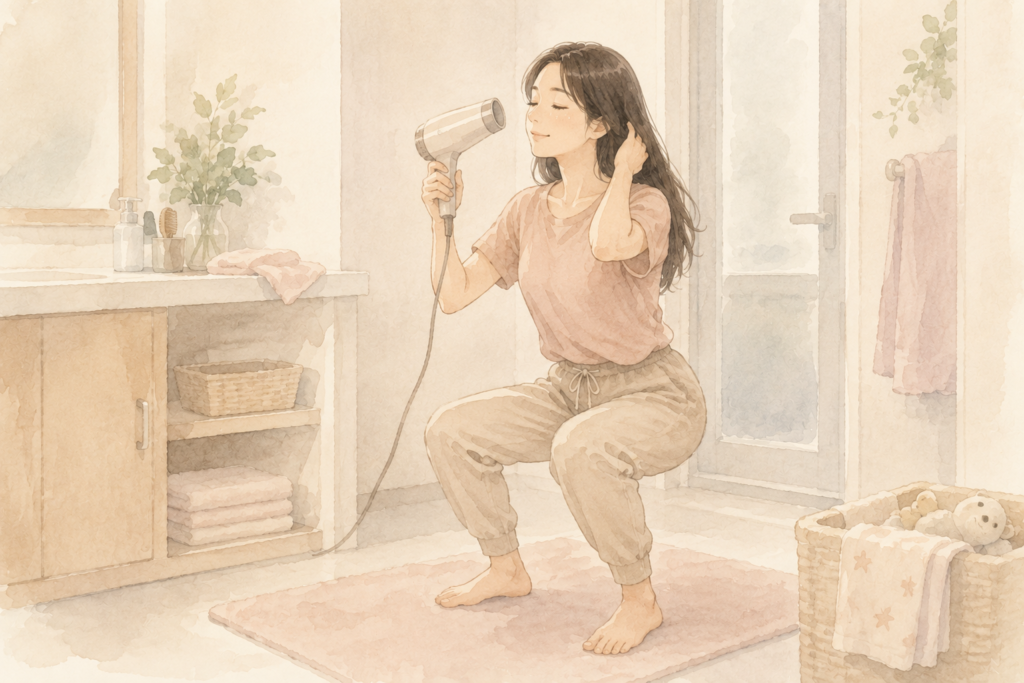 お風呂上がりにドライヤーを使いながら自宅でスクワットをする女性