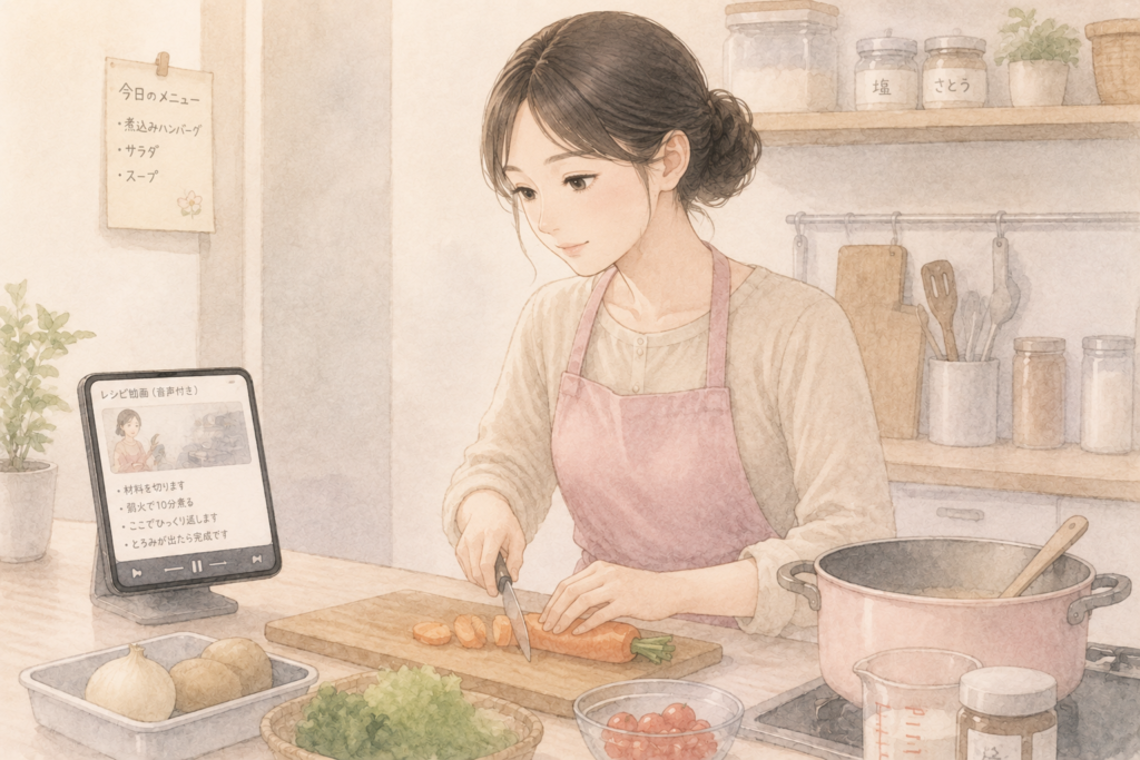 音声で説明する料理動画を参考に工夫している場面を伝える