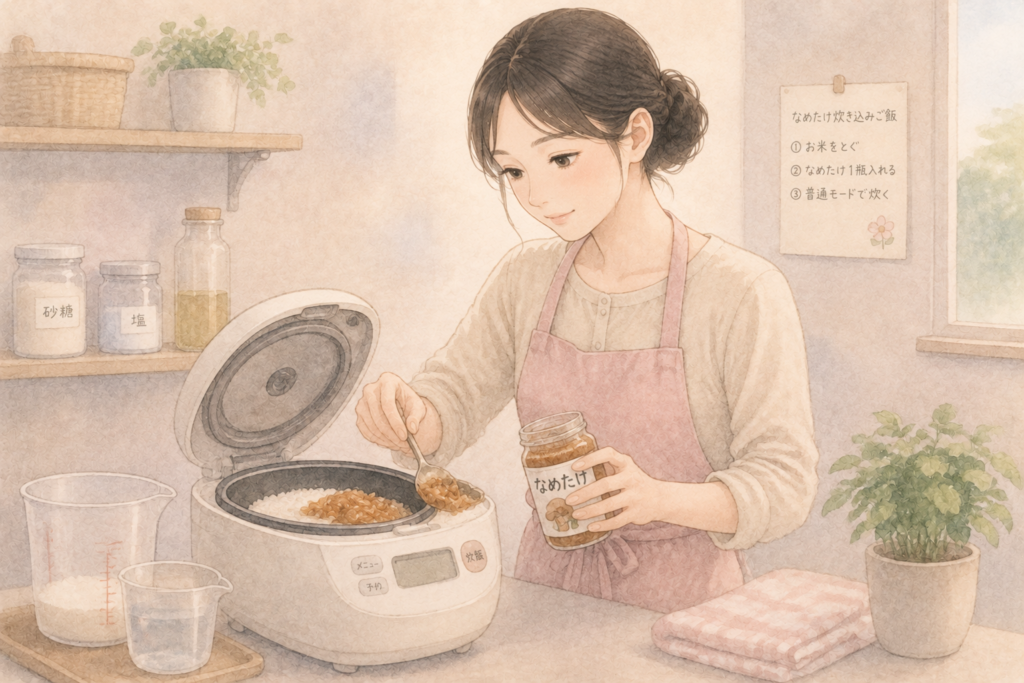 炊飯器で炊き込みご飯を作るシンプルな調理風景