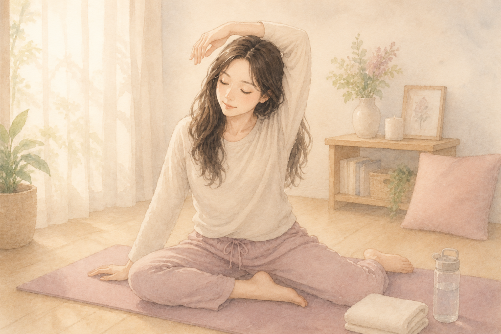 体調に合わせて自宅で無理なくストレッチをする女性
