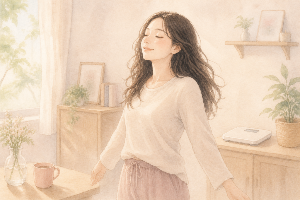 体の軽さを感じながら穏やかに日常を過ごす女性
