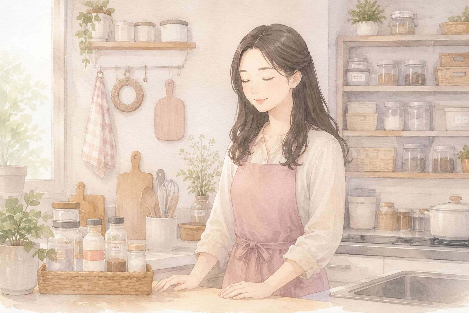 整理されたキッチンで穏やかに調理の準備をする全盲の女性