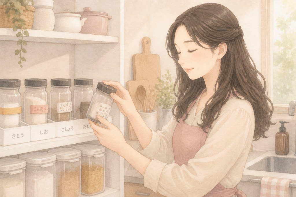 定位置に並べた調味料を触って確認する女性