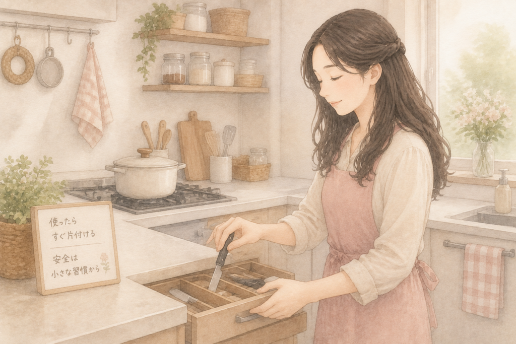 調理後にキッチン道具を安全な定位置へ片付ける女性