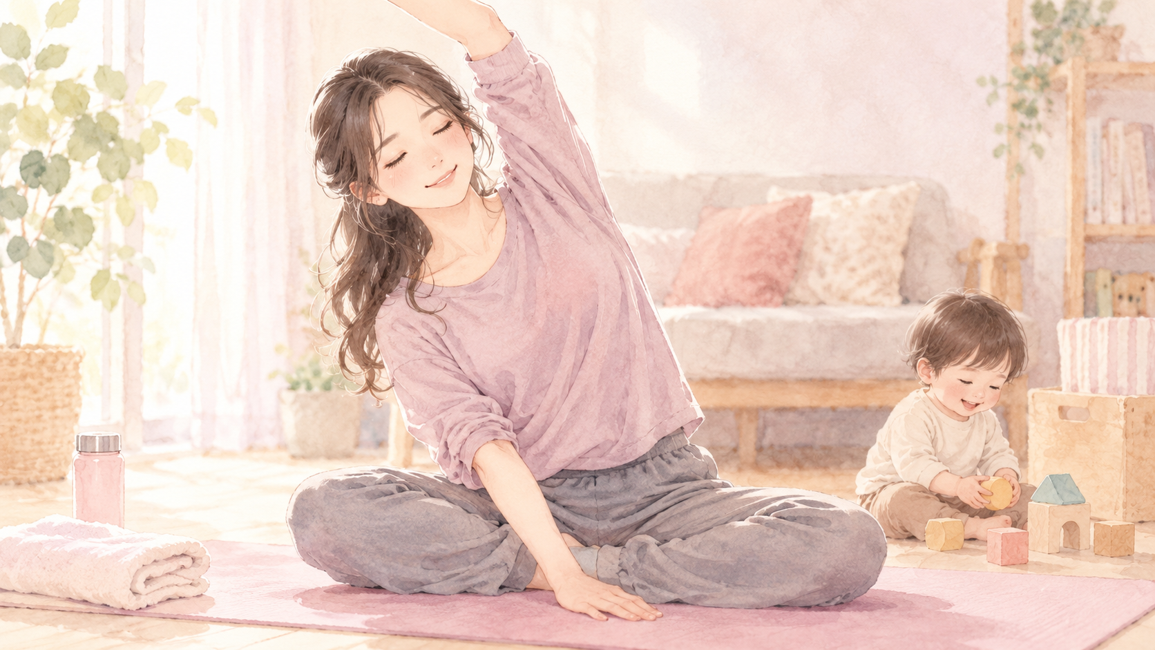自宅で無理なくトレーニングを続ける全盲ママを描いたイラスト