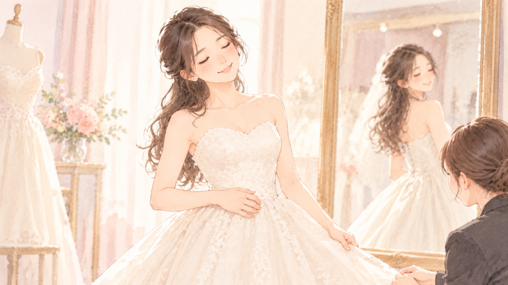 ドレス試着をきっかけに「体重の数字」から「見た目や自分軸」へ意識が変化した場面を表現する。