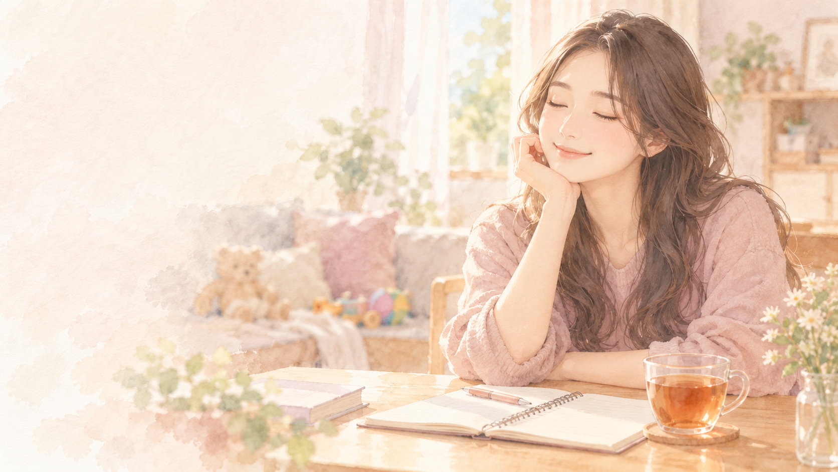 自宅ダイエットを4か月間続け、達成感を感じている全盲ママのパステル水彩風イラスト